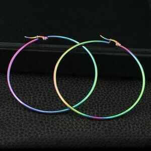 NWT Large Hoop Earrings Titanium Rainbow Steel Multicolor